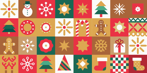 Colorful geometric christmas pattern featuring snowman gingerbread man christmas trees candy canes and snowflakes