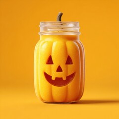 Decorative Halloween themed jar filled with bright yellow pumpkin-shaped soap or slime featu a cheerful carved jack-o-lantern face on a vibrant yellow background