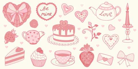 Sweet valentine s day collection of pink desserts teacups and hearts for romantic celebrations