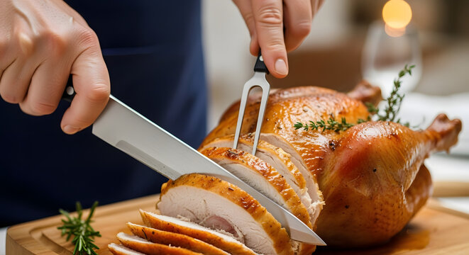 A person carving a roasted turkey on a wooden cutting board with a knife and fork at a holiday dinner table - Powered by Adobe