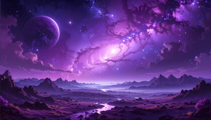 Vivid purple nebula and planetscape art. Atmospheric landscape featuring cosmic clouds, a distant world, and mountainous terrain in varying shades