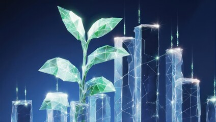 Stunning digital plant symbolizing growth and innovation sprouting from abstract glowing crystalline city skyscrapers in a futuristic concept.