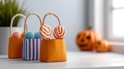 Colorful Halloween gift bags decorated with striped and spiral candies for festive celebration on bright background with pumpkins and natural light