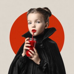 Fashionable young girl with elegant hairstyle and bold makeup drinking bright red juice through a straw, stylish black cape and short hairstyle against red background