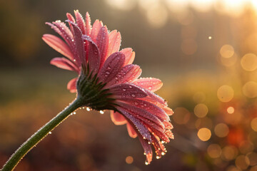 Dew drops on a pink gerbera daisy at sunrise