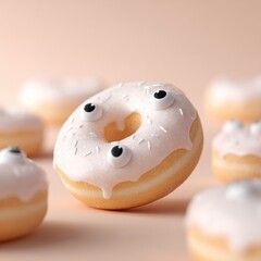 Close-up of a cute donut with white icing and black eyes, surrounded by several similar donuts on a soft beige background, perfect for dessert or bakery themed designs