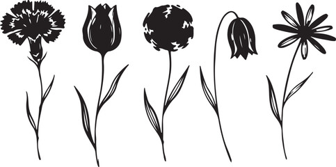 Floral Symphony in Monochrome: An elegant black and white artistic composition, showcasing a series of beautifully detailed flower silhouettes, each representing a unique blossom and botanical form.