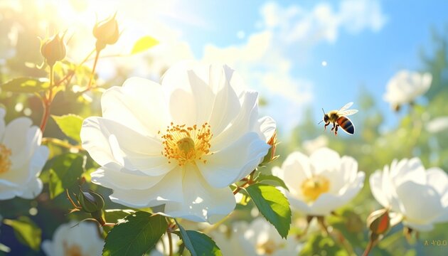 A bee approaches a large white flower in a sun-drenched field, with other flowers and buds visible against a bright blue, partly cloudy sky