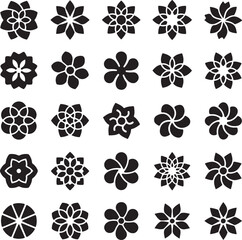 Elegant Floral Designs: A sophisticated collection of stylized black floral designs, showcasing intricate petal arrangements and geometric symmetry, perfect for adding a touch of nature's artistry.