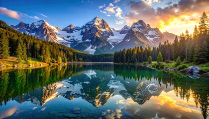 Serene mountain lake reflects peaks and forest, bathed in golden light at sunset, casting an idyllic, peaceful atmosphere