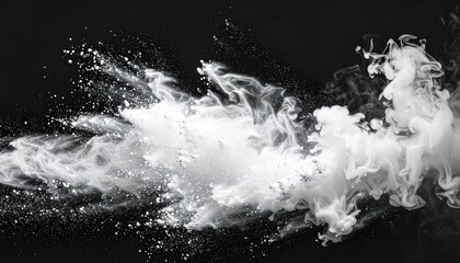 White powder explodes across a stark black background, creating swirls and drifts, suggesting smoke or a cloud