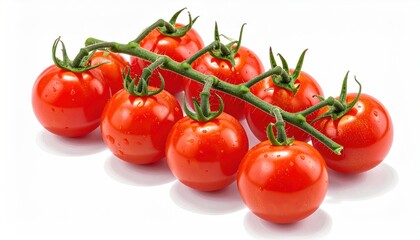 Cluster of bright red cherry tomatoes connected by a green vine, isolated on a plain white backdrop, displaying freshness and vibrant color