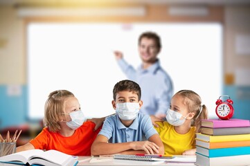 Fototapeta premium Group of children in face mask after lockdown.