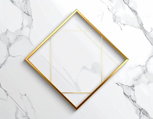 Golden diamond outline frame, centered on a swirling white and grey marble surface, creates an elegant, minimalist aesthetic