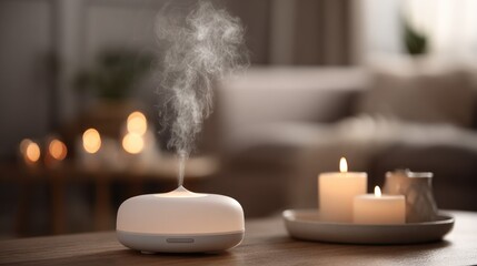 A white and gray aromatherapy diffuser emitting steam on a wooden table with a tray of lit candles and a vase.