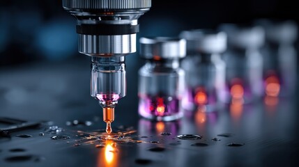 A laser cutter cutting a piece of metal with a bright orange spark.