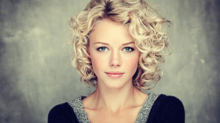 A woman with curly blonde hair and blue eyes, wearing a black and gray sweater, against a gray background.