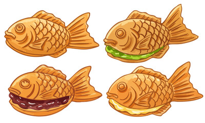 たい焼きのイラストセット / あんこ、抹茶、カスタードクリームなどのバリエーションを描いたかわいい和スイーツ / 日本の伝統的な和菓子