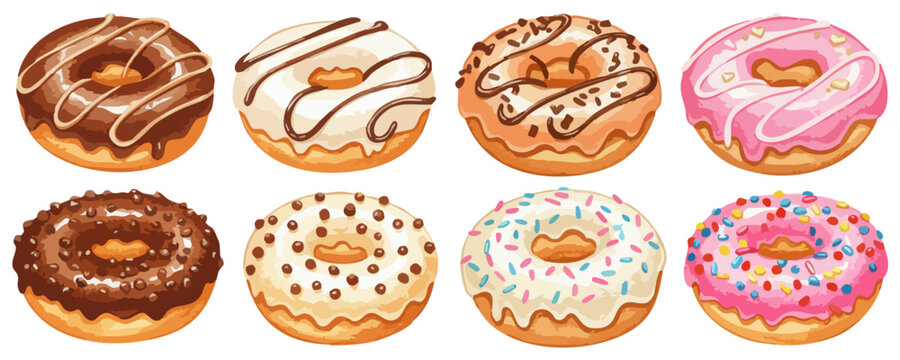 様々な種類のドーナツを描いたイラストセット / チョコレート、ホワイト、バニラ、ストロベリー、スプリンクルなどカラフルでかわいいデザインのスイーツ