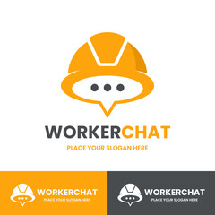 Worker Chat logo design. A modern concept combining a construction hard hat with a chat bubble. Ideal for industrial forums, team collaboration apps, and engineering support services.