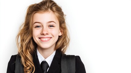 A young girl with long blonde hair wearing a black school uniform and a black backpack, standing against a white background.