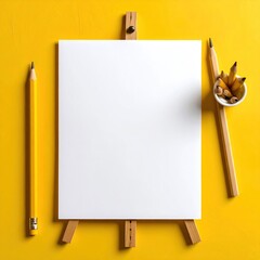 Blank canvas atop a small easel, flanked by pencils, against a bright yellow backdrop. Simple, artistic, and clean composition