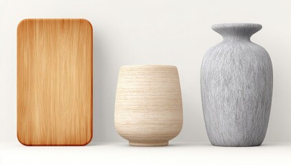 Wooden cutting board and decorative vases on a plain background.