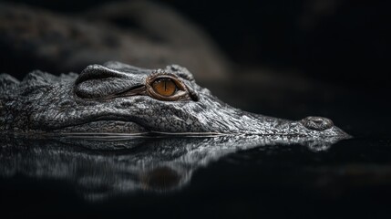 Obraz premium A crocodile with its eye open, resting in water with a dark background.