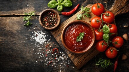 A wooden cutting board with a bowl of tomato sauce, fresh basil, and red tomatoes on a rustic wooden table.