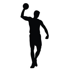 Silhouette of a man preparing to throw a basketball with arm raised