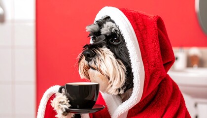 Dog in Santa robe sipping coffee