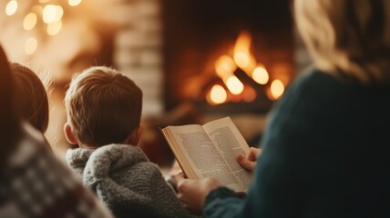 Enjoying cozy family reading session by warm fireplace adult sharing captivating book with children, evoking feelings of home comfort and serene storytelling moments.