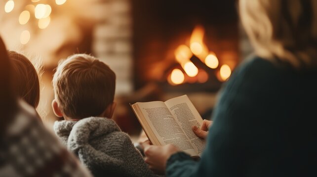 Enjoying cozy family reading session by warm fireplace adult sharing captivating book with children, evoking feelings of home comfort and serene storytelling moments.