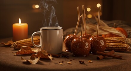 Autumn still life caramel apples a steaming mug corn a candle and autumn leaves on a brown surface