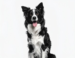A digitally painted Border Collie sits upright, its black and white fur highlighted against a plain white backdrop, showcasing a happy, open expression