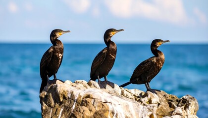 Fototapeta premium Three cormorants on a rock