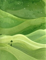 Watercolor painted rolling hills, a sea of greens, lit with dappled white light, and solitary trees. Calm, beautiful, painted landscape