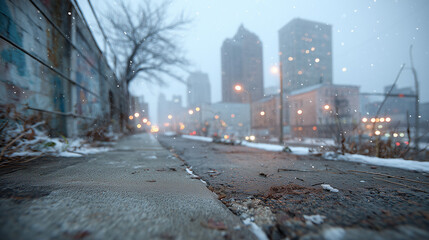 Obraz premium A realistic city photograph with a normal view of asphalt and a sidewalk in the foreground, not too close. The surface is clearly visible with natural textures, slightly frosty