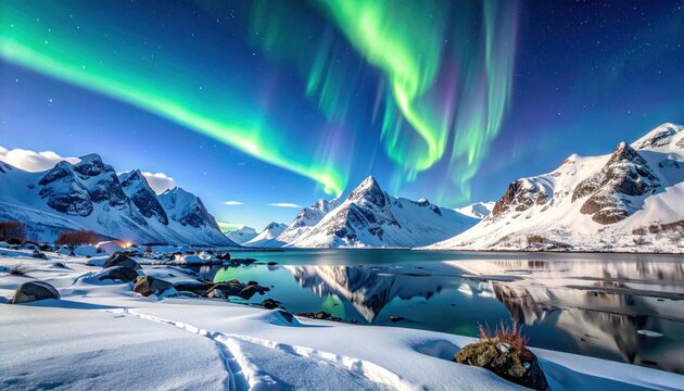 Vivid green aurora borealis dances above snowy mountain range reflecting in glassy water, under a starlit sky at dusk