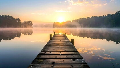 Serene dawn breaks over a misty lake, a wooden dock extending into the calm water, trees silhouetted against the golden sky