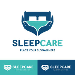 Calm logo featuring a bed supported by hands, symbolizing care, comfort, and good sleep. Perfect for mattress companies, sleep clinics, hotels, or wellness brands.