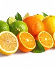 A vibrant group of citrus fruits, sliced and whole, with fresh leaves, arranged against a bright white background, showcasing their textures