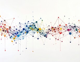 Abstract network art colorful connected dots and lines create a dynamic, organic structure on a clean white background, evoking flow & connectivity