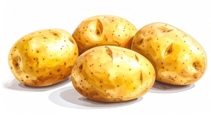 Rendered potatoes arranged in cluster; tan skin, small brown freckles, some with dimples; white background; light shadowing from above