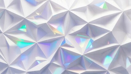 White geometric origami surface with subtle iridescent rainbow light
