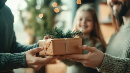 Joyful hands exchanging festive christmas present, symbolizing family giving and holiday celebration moments with warmth and appreciation.