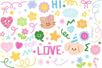Pastel vector illustrations of cat, puppy, abstract shapes, doodles, star, clover leaf, flowers for animal, cartoon character, stickers, spring, summer, toy, cute patch, picnic, nature, garden