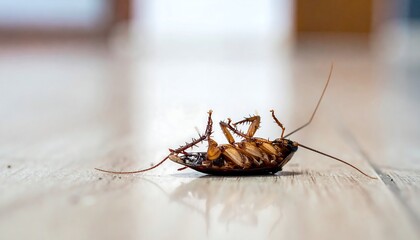 Cockroach on its back on a wooden floor.