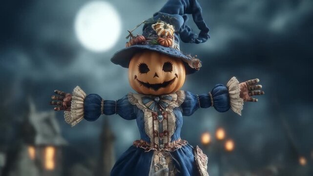 Pumpkin-headed figure in a ruffled blue dress, moonlit night setting