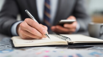 A man in a suit writing in a notebook while holding a smartphone.